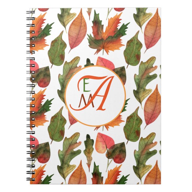 Monogrammed Fall Leaves Autumn Decor Orange Green Notebook (Front)