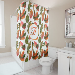 Monogrammed Fall Leaves Autumn Decor Orange Green Shower Curtain