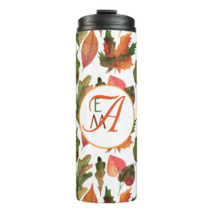 Monogrammed Fall Leaves Autumn Decor Orange Green Thermal Tumbler