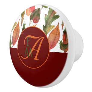 Monogrammed Fall Leaves Burgundy Autumn Decor Ceramic Knob