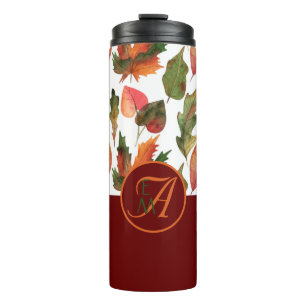 Monogrammed Fall Leaves Burgundy Autumn Decor Thermal Tumbler