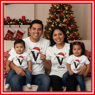 Monogrammed Family Christmas Antlers Santa Hat T-Shirt