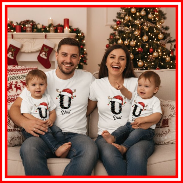 Monogrammed Family Christmas Antlers Santa Hat T-Shirt (Creator Uploaded)