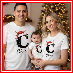 Monogrammed Family Christmas Antlers Santa Hat T-Shirt