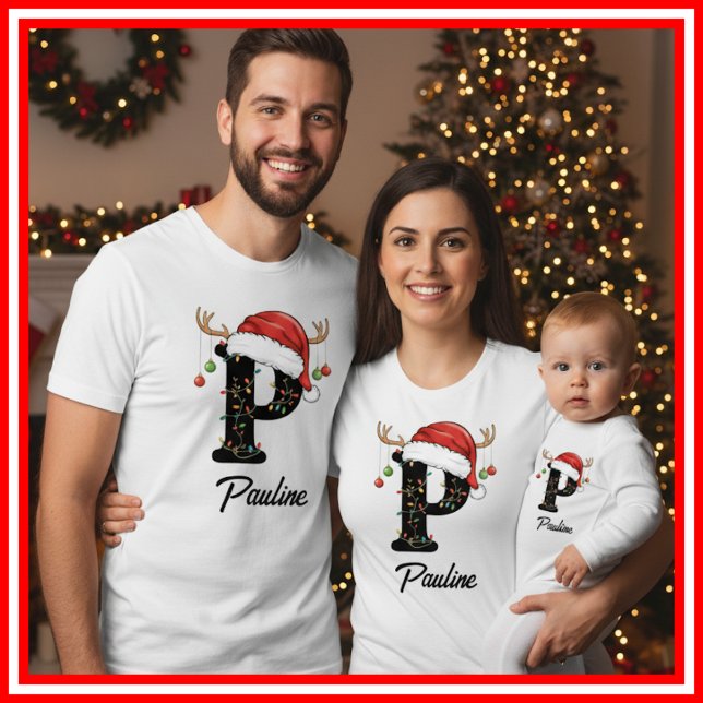 Monogrammed Family Christmas Antlers Santa Hat T-Shirt (Creator Uploaded)