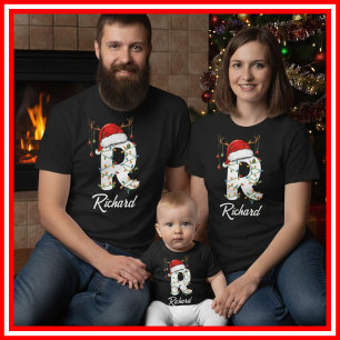 Monogrammed Family Christmas Antlers Santa Hat T-Shirt