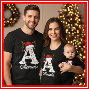 Monogrammed Family Christmas Antlers Santa Hat T-Shirt