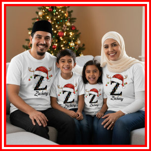 Monogrammed Family Christmas Antlers Santa Hat T-Shirt