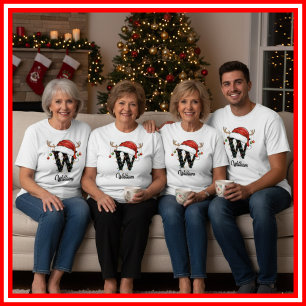 Monogrammed Family Christmas Antlers Santa Hat T-Shirt