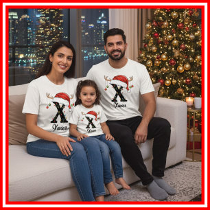 Monogrammed Family Christmas Antlers Santa Hat T-Shirt