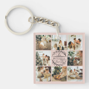 Monogrammed Family Photo Collage   Blush Pink Key Ring