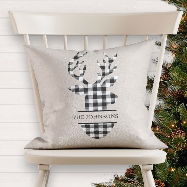 Monogrammed Farmhouse Black Beige Plaid Deer Cushion (Creator Uploaded)