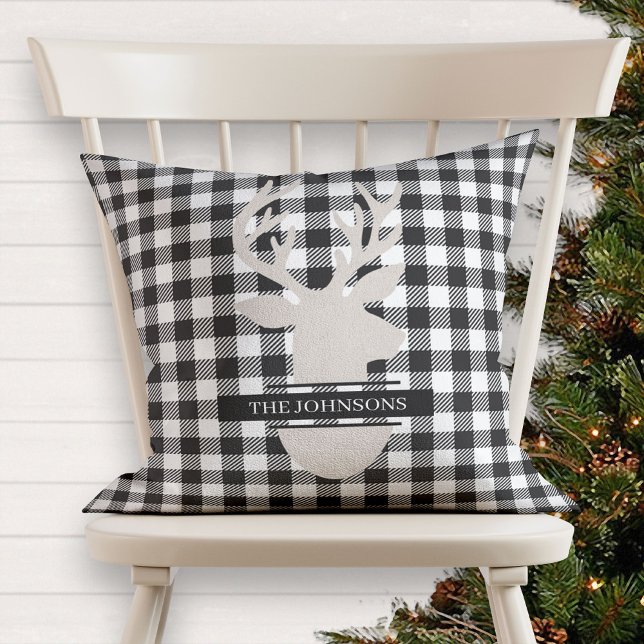 Monogrammed Farmhouse Black Plaid Beige Deer Cushion (Creator Uploaded)