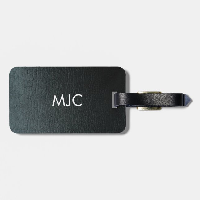 Monogrammed Faux Black Leather Texture Luggage Tag (Back Horizontal)