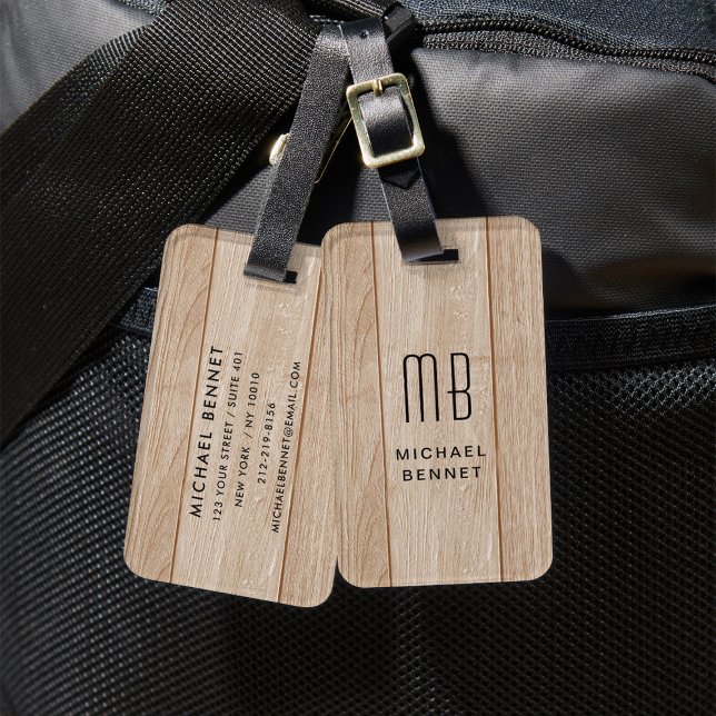 Monogrammed Faux Wood Texture Luggage Tag (Monogrammed Faux Wood Texture Luggage Tag)