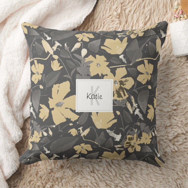 Monogrammed  Feminine Gold Grey Floral Pattern Cushion (Blanket)
