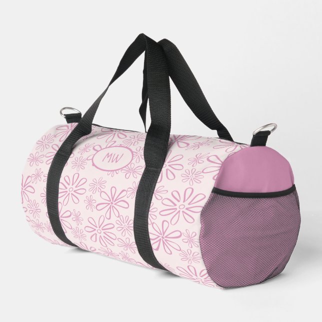 Monogrammed Feminine Pink Doodle Pattern On Blush Duffle Bag (Right Corner)