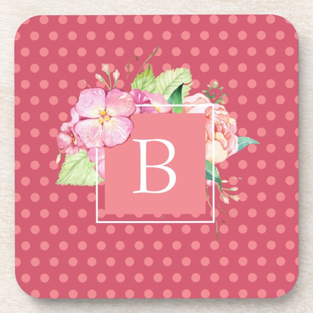 Monogrammed Feminine Pink Dots & Pink Coral Floral Coaster (Front)