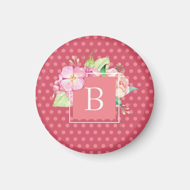 Monogrammed Feminine Pink Dots & Pink Coral Floral Magnet (Front)