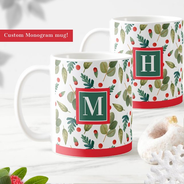 Monogrammed, Festive Greenery and Holly, Red Green Coffee Mug (Creator Uploaded)