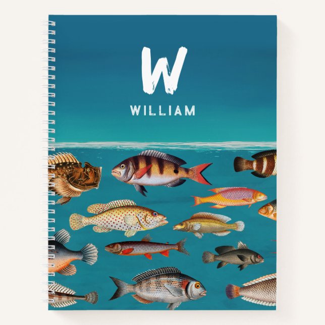 Monogrammed Fish Under Blue Ocean Notebook (Front)