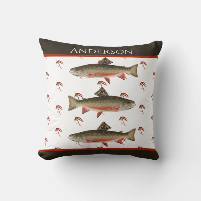 Monogrammed Fishermen Fly Fishing Brook Trout Cushion (Front)