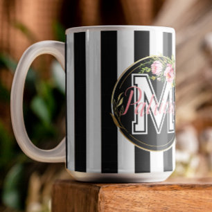 Monogrammed Floral Aesthetic Black & White Striped Coffee Mug