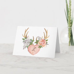 Monogrammed Floral Antler Notecard - Blank Inside