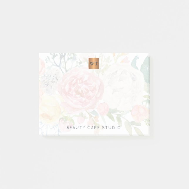 Monogrammed floral bouquet metallic gold copper post-it notes (Front)