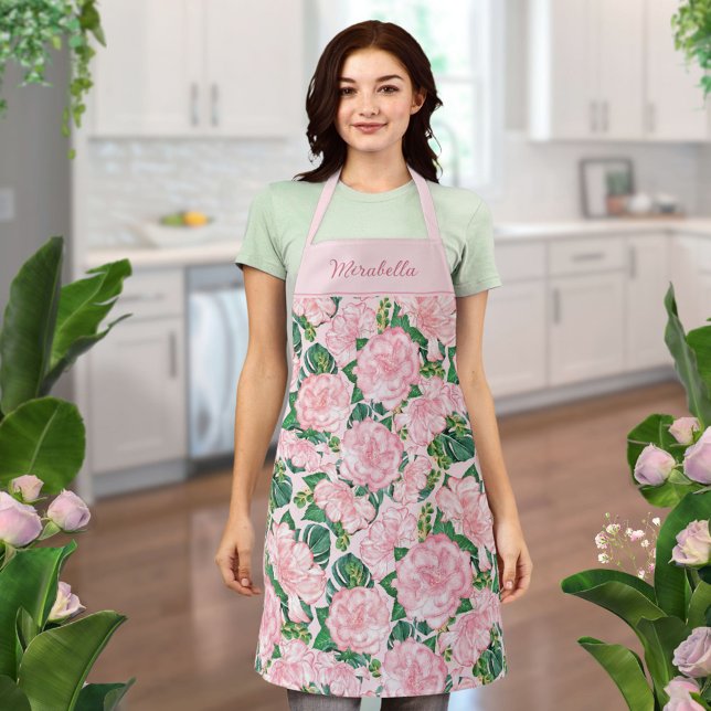 Monogrammed Floral Elegant Pink Apron (Creator Uploaded)