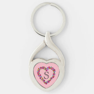 Monogrammed Floral Heart in Rose Pink Key Ring