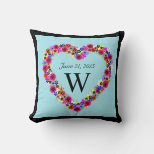 Monogrammed Floral Heart Wedding Date Cushion