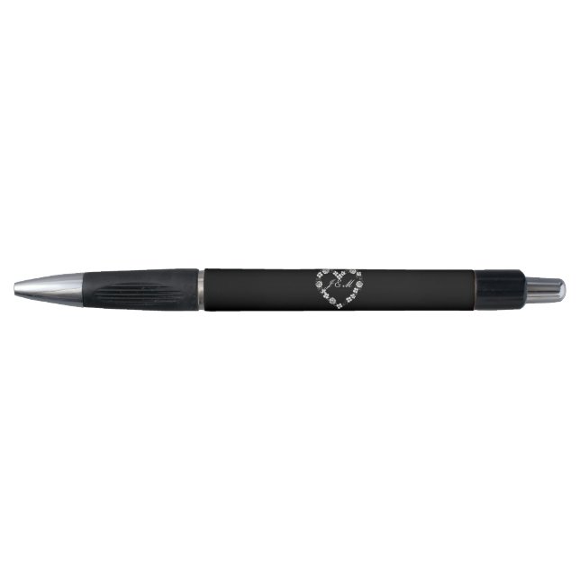 Monogrammed Floral Heart Wedding Pen Black White (Front)