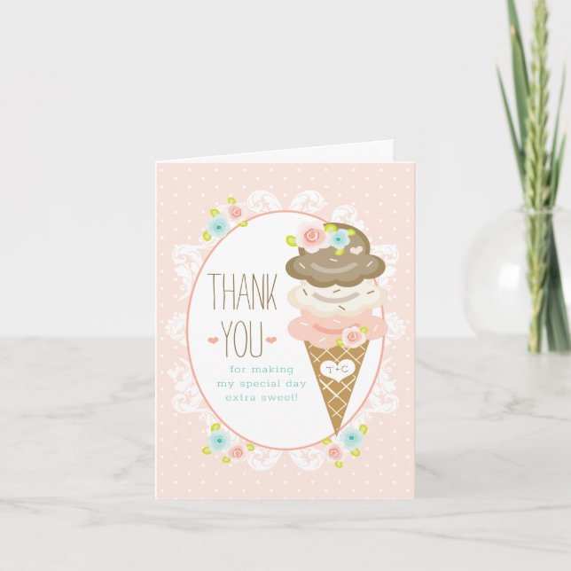Monogrammed Floral Ice Cream Cone Shower Thank You Card (Front)