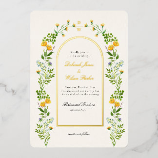 Monogrammed Floral in Arch frame Foil Invitation