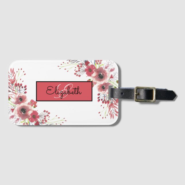 Monogrammed Floral Luggage Tag (Front Horizontal)