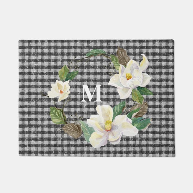 Monogrammed Floral Magnolia Black and White Check Doormat (Front)