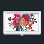 Monogrammed floral watercolor glam copper square business card holder<br><div class="desc">Luxurious and glamourous classy professional monogrammed business card holder featuring a big bohemian style hand painted bouquet with blush pink / coral red burgundy peonies and blooms with deep ocean blue feathers and foliage and a shiny beige tan copper metallic look geometric square label. Ideal for makeup artist | hairstylist...</div>