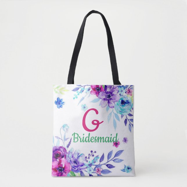 Monogrammed Floral Wedding Party Tote Bag (Front)