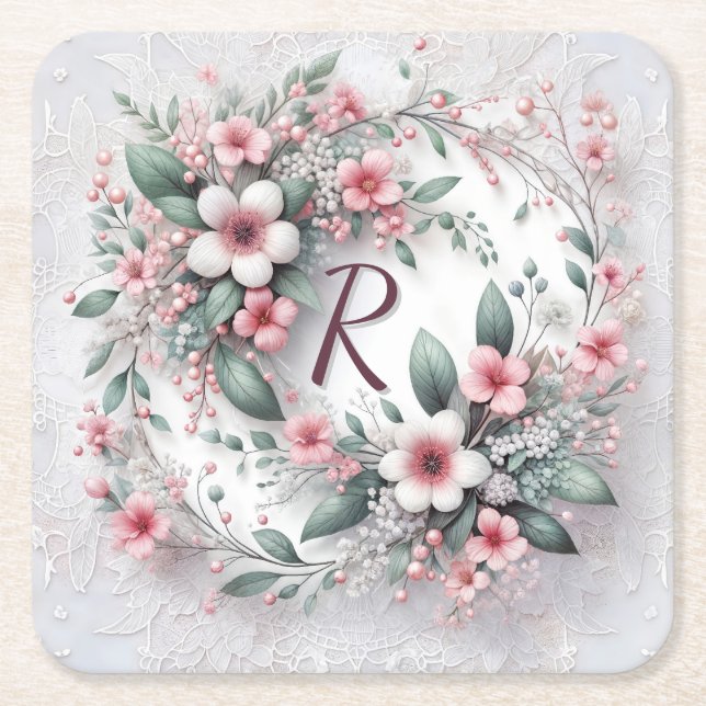 Monogrammed Floral Wreath On Lace Square Paper Coaster (Front)