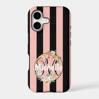 Monogrammed Flowers and black pink stripes pattern