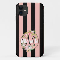 Monogrammed Flowers and black pink stripes pattern