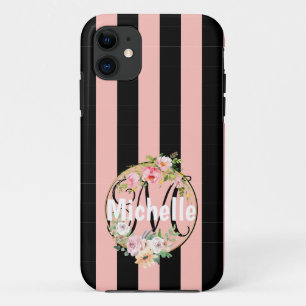 Monogrammed Flowers and black pink stripes pattern Case-Mate iPhone Case