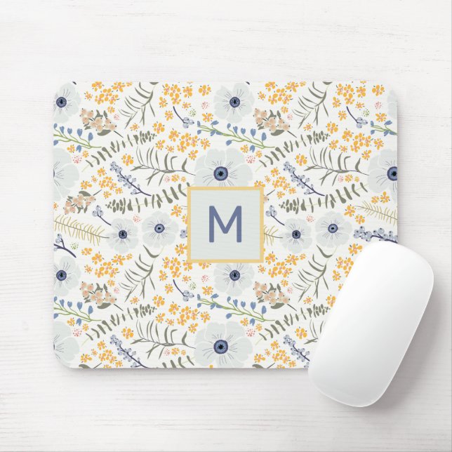 Monogrammed Flowers Yellow Blue Botanical Pattern Mouse Pad (With Mouse)