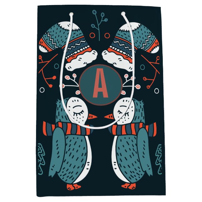 Monogrammed Folk Art Christmas Blue Red Owls Trees Medium Gift Bag (Front)