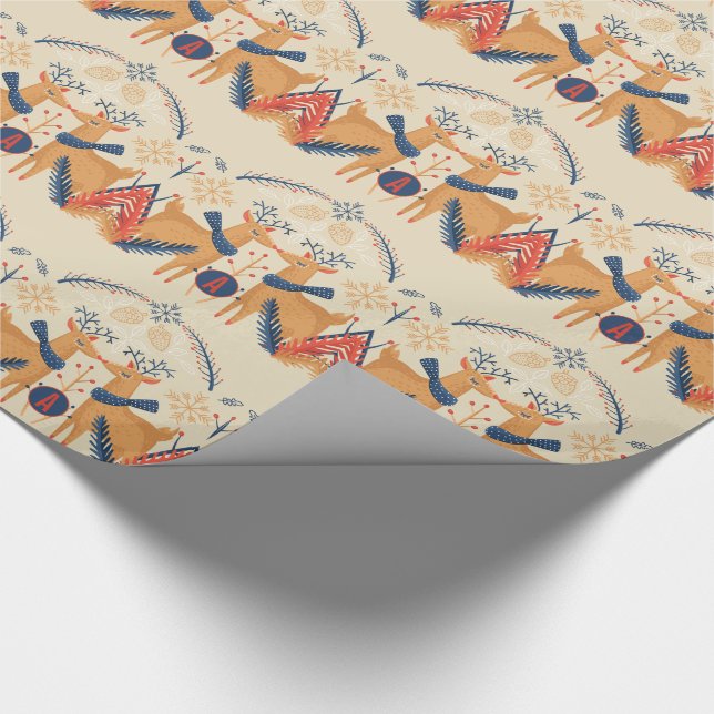 Monogrammed Folk Art Christmas Deer Trees Blue Red Wrapping Paper (Corner)