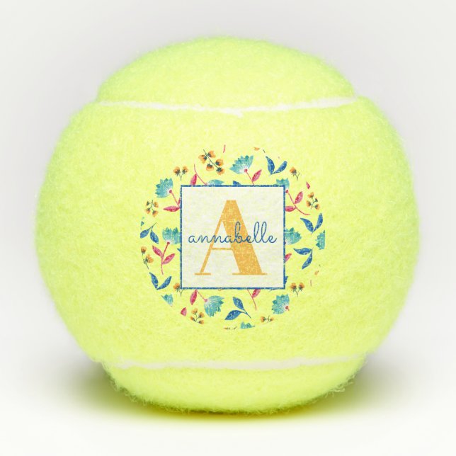 Monogrammed Folk Art Floral Pattern Tennis Balls (Front)