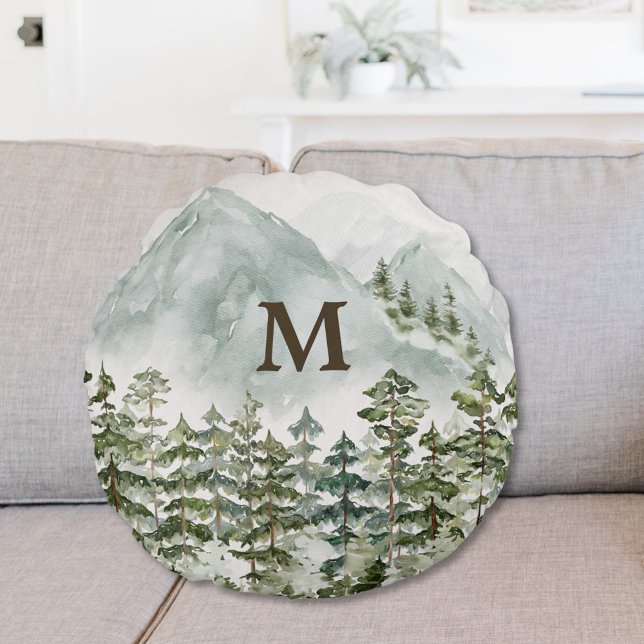 Monogrammed Forest and Mountain Nature Round Cushion (In situ)