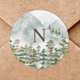 Monogrammed Forest and Mountain Nature Watercolor Classic Round Sticker