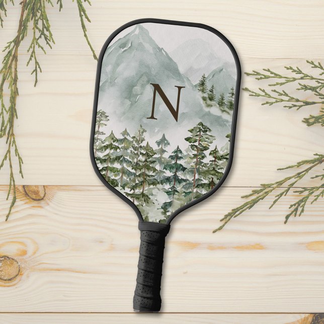 Monogrammed Forest and Mountain Nature Watercolor Pickleball Paddle (Close up)